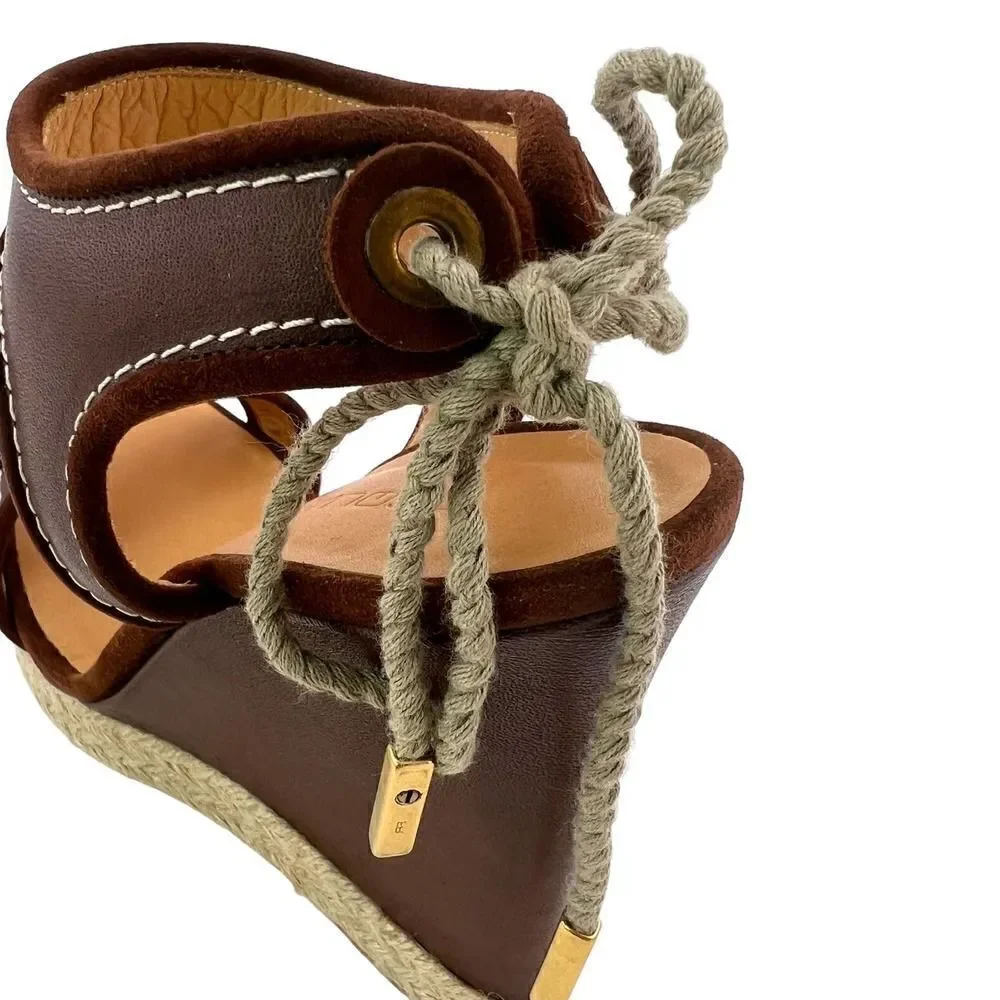 New DSQUARED2 Women US 8 Shoes Brown Leather Sandals Back Laced Platform Wedge